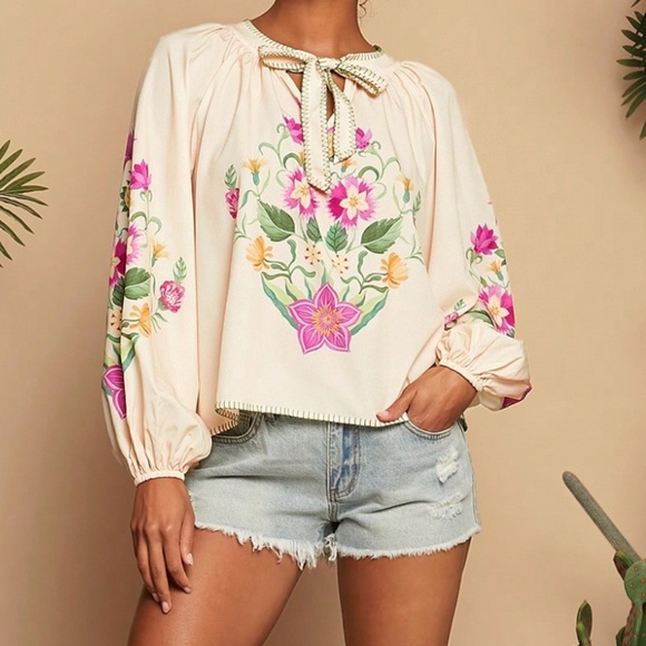 Boho Floral Print Neck Tie Long Sleeve Oversized Blouse - Picture 5 of 6